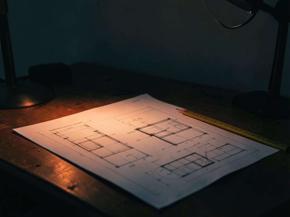Tavolo da disegno con piani architettonici illuminati da una lampada calda
