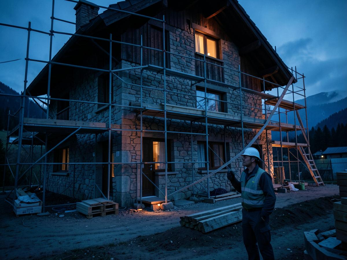 Cantiere di ristrutturazione di una casa in pietra svizzera con ponteggio al crepuscolo