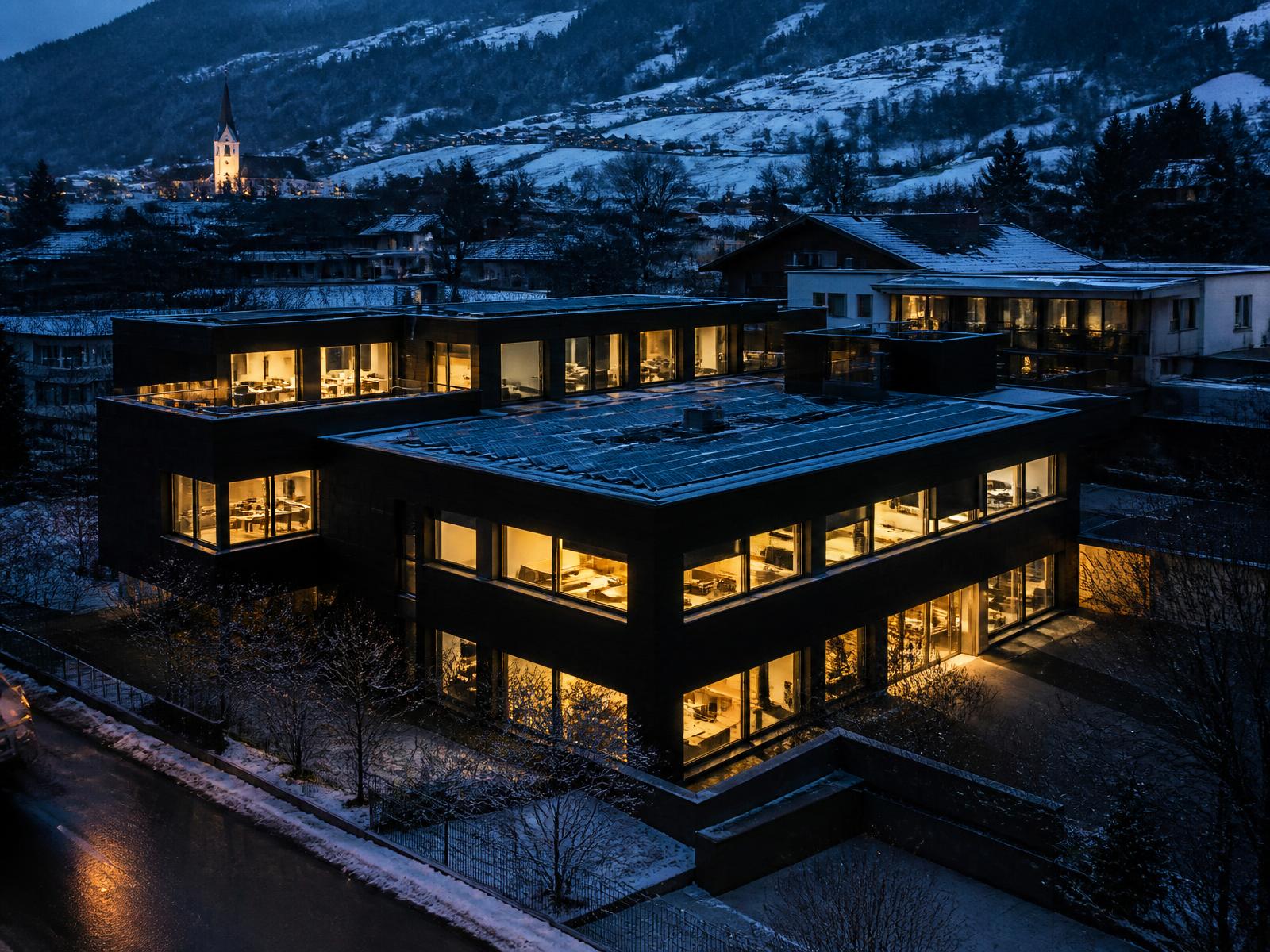 Bâtiment suisse moderne au crépuscule avec de grandes fenêtres éclairées et des panneaux photovoltaïques en toiture plate