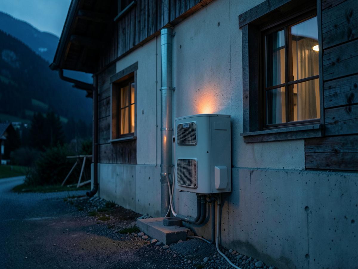 Unità esterna di pompa di calore installata sulla parete di una villa svizzera al crepuscolo