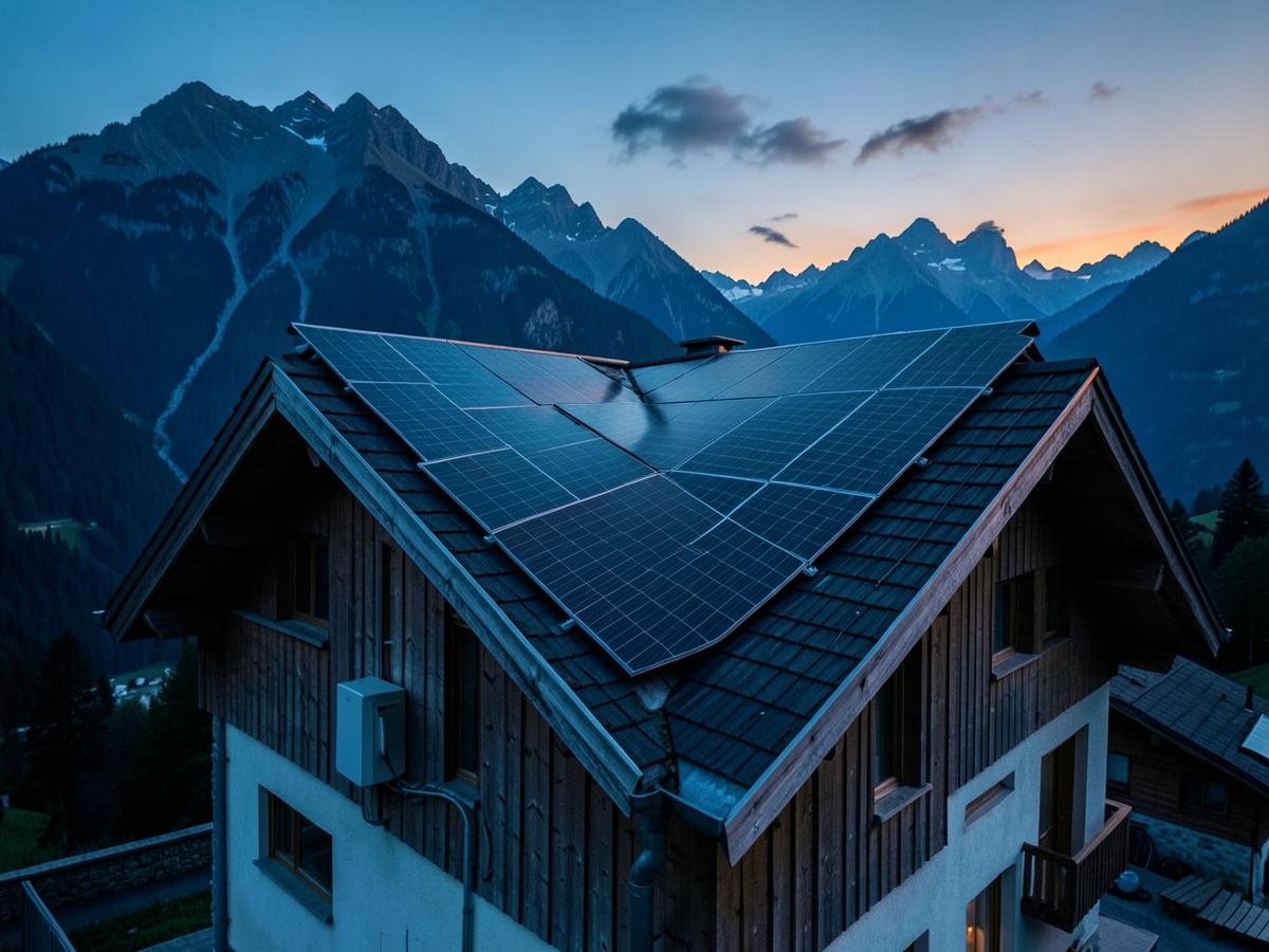 Pannelli fotovoltaici sul tetto di una casa unifamiliare di montagna all'ora blu