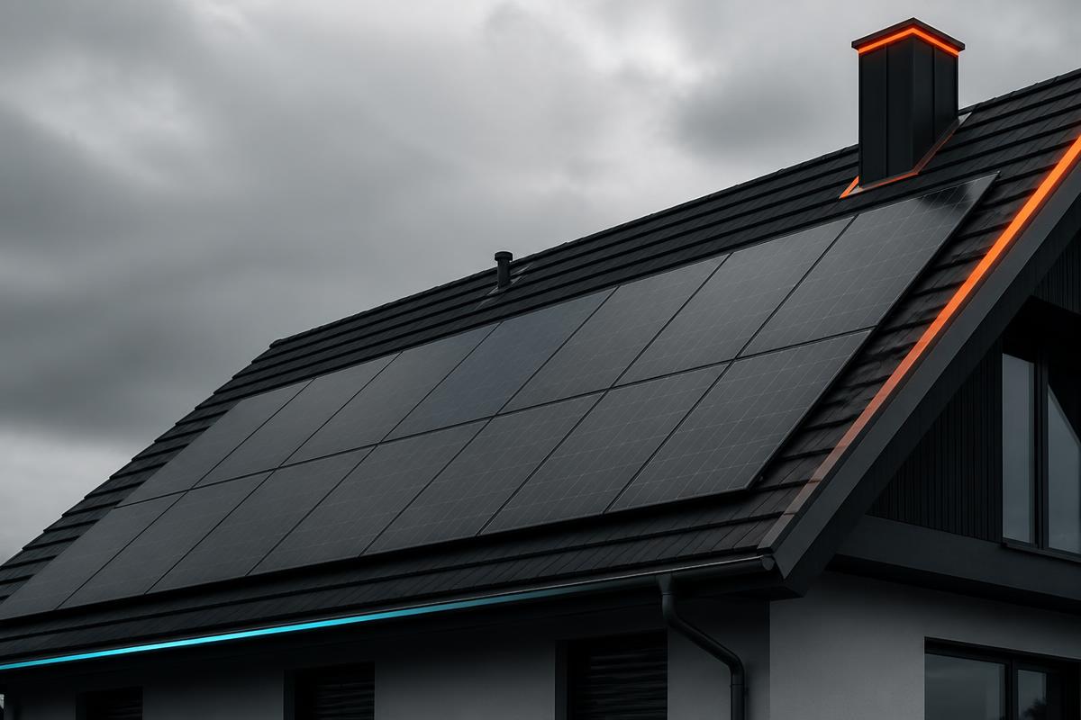 Pannelli fotovoltaici su un tetto inclinato svizzero all'ora blu