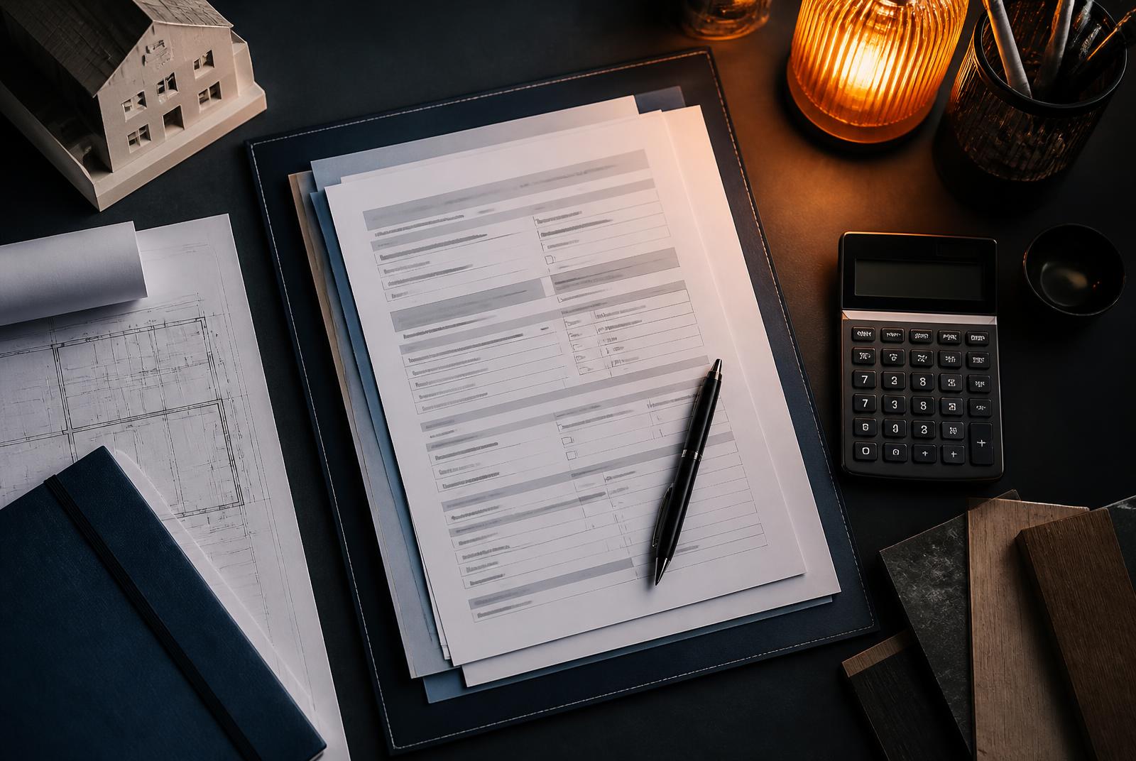 Bureau avec documents et plans pour une demande de subvention énergétique